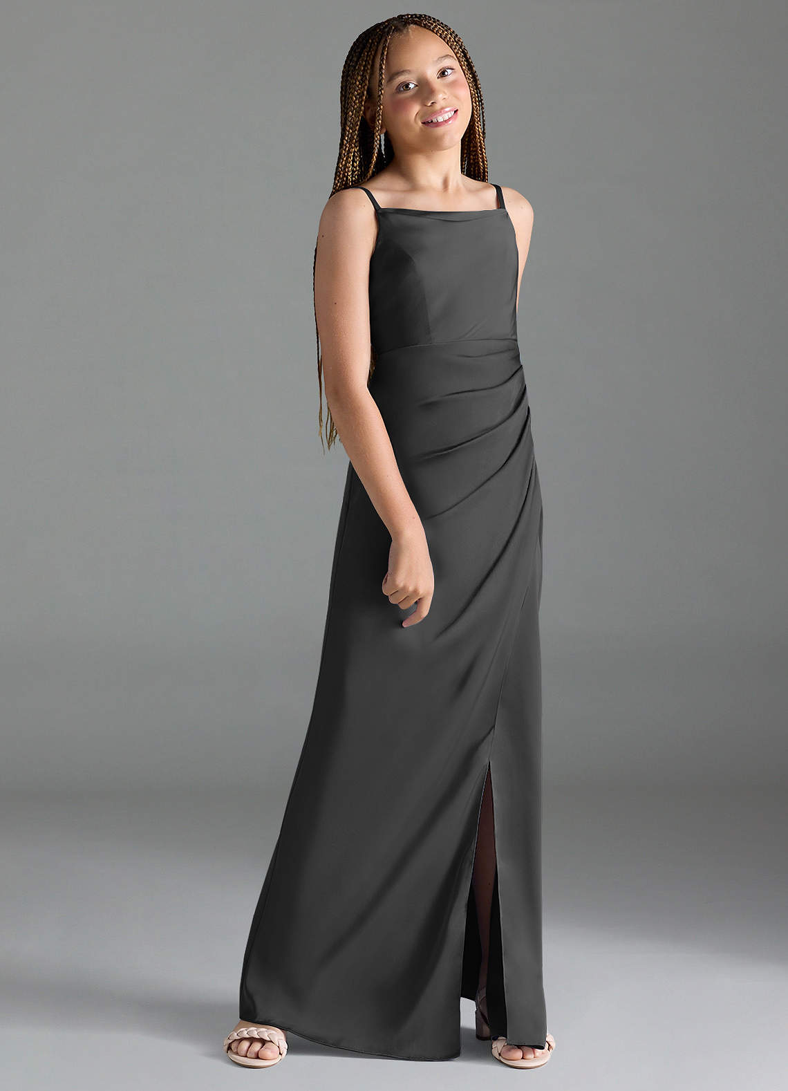 Azazie Leonis Junior Black A-Line Pleated Stretch Satin Dress image2