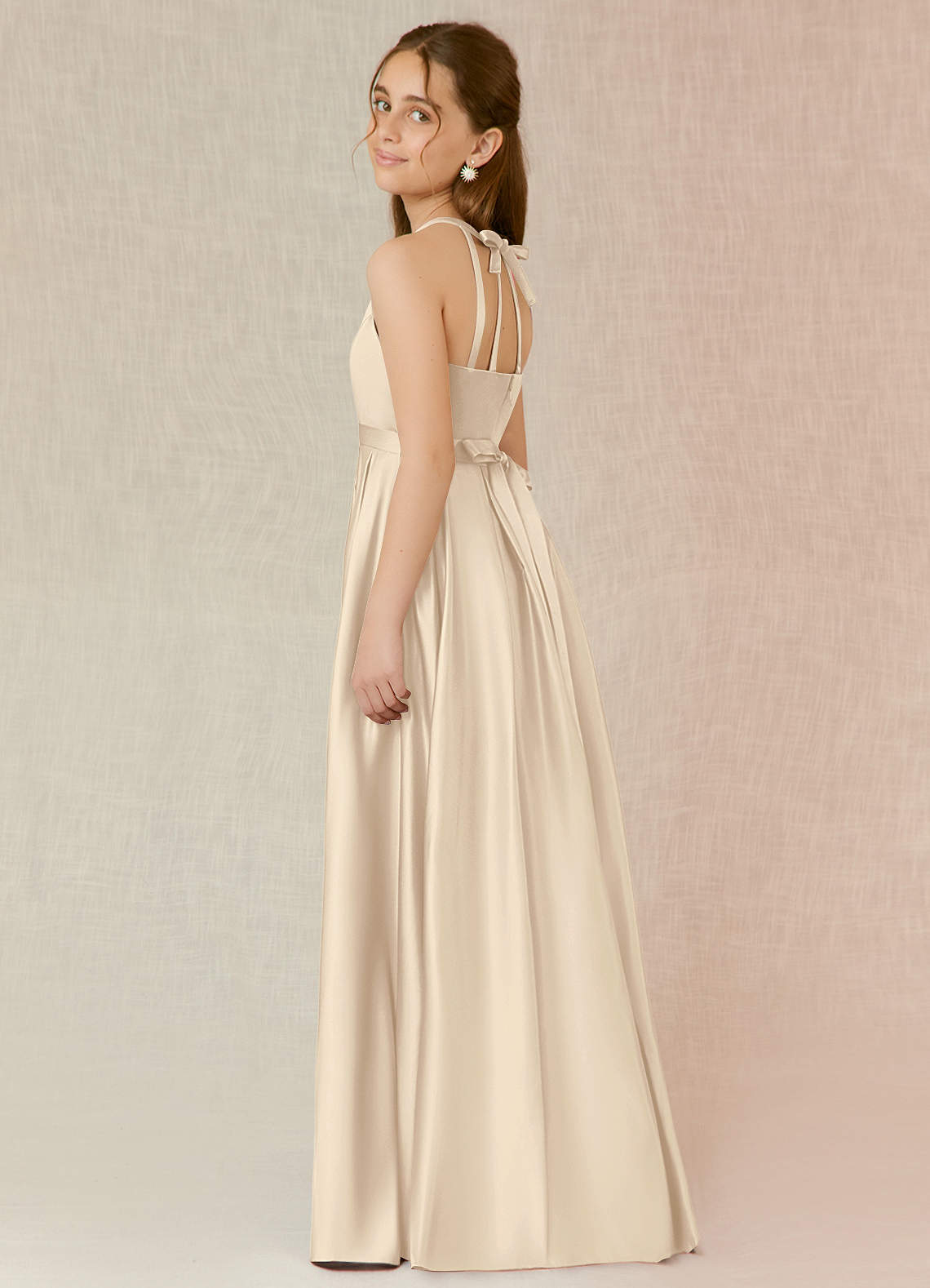 Azazie Arianthe Junior Champagne A-Line with Pockets Matte Satin Dress image2