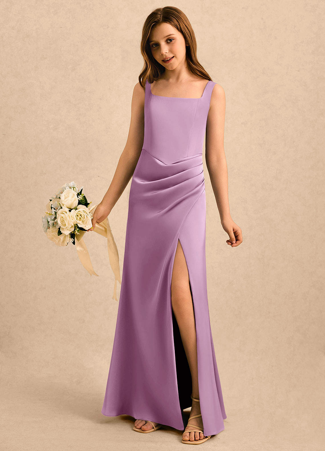 wisteria formal dresses Azazie Noah Girls Sheath Pleated Stretch Satin Dress wisteria bridesmaid dresses