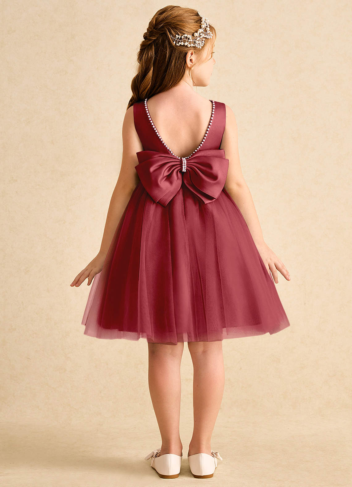Azazie Jani Flower Girl Dresses Pomegranate A-Line Bow Tulle Dress image1