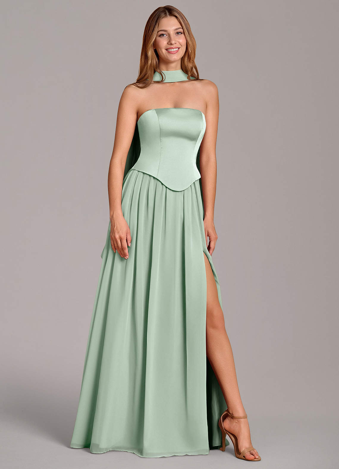 Azazie Cadence Robes de demoiselle d'honneur Robe Trapèze Convertible en Satin extensible Corset Agave image1