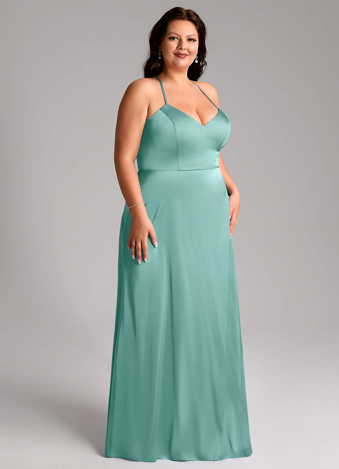 Azazie Mei Vestidos de damas de honor Vestido de Aqua de Satén Elástico de Corte en A con Cuello en V image9