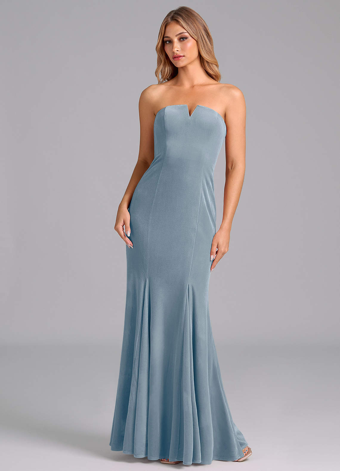Azazie Yinnie Bridesmaid Dresses Dusty Blue Mermaid Strapless Velvet Convertible Dress image1
