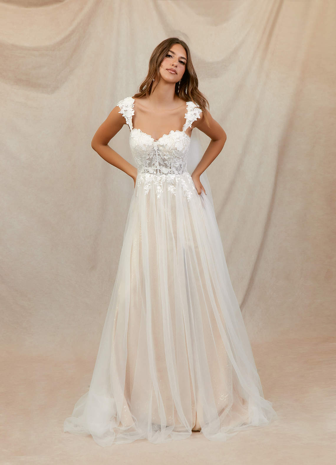Azazie Katia At-home Try On Dresses Diamond White Champagne A-Line Lace Tulle Dress image1