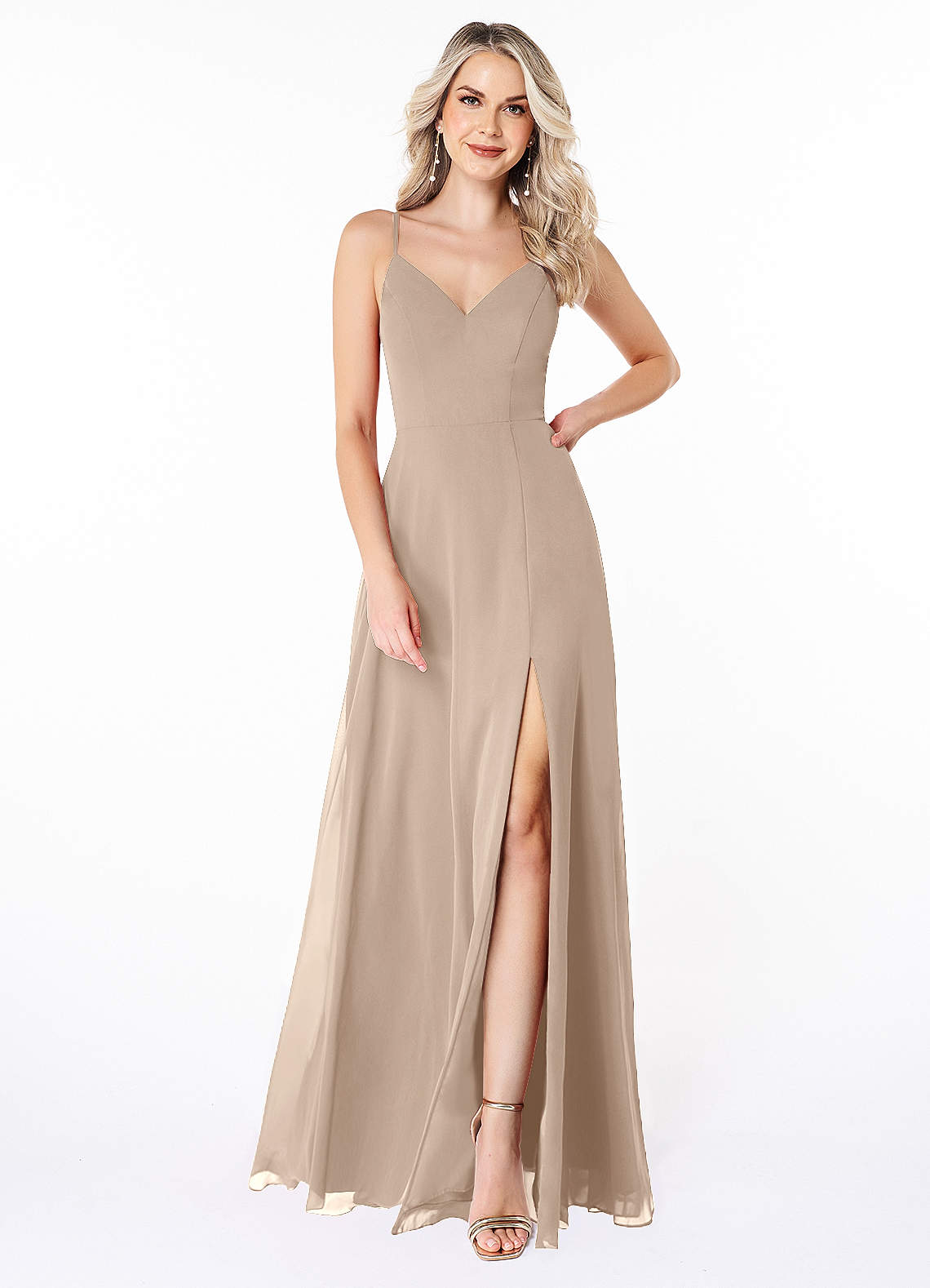 Azazie Lena Bridesmaid Dresses Taupe A-Line Lace Chiffon Dress image1