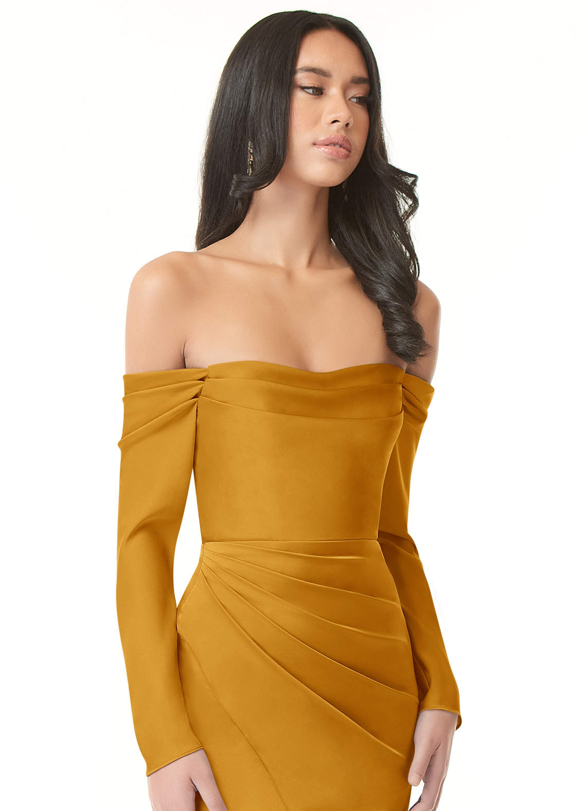 Azazie Hallie Bridesmaid Dresses Butterscotch Sheath Off-The-Shoulder Long Sleeve Stretch Satin Convertible Dress image1