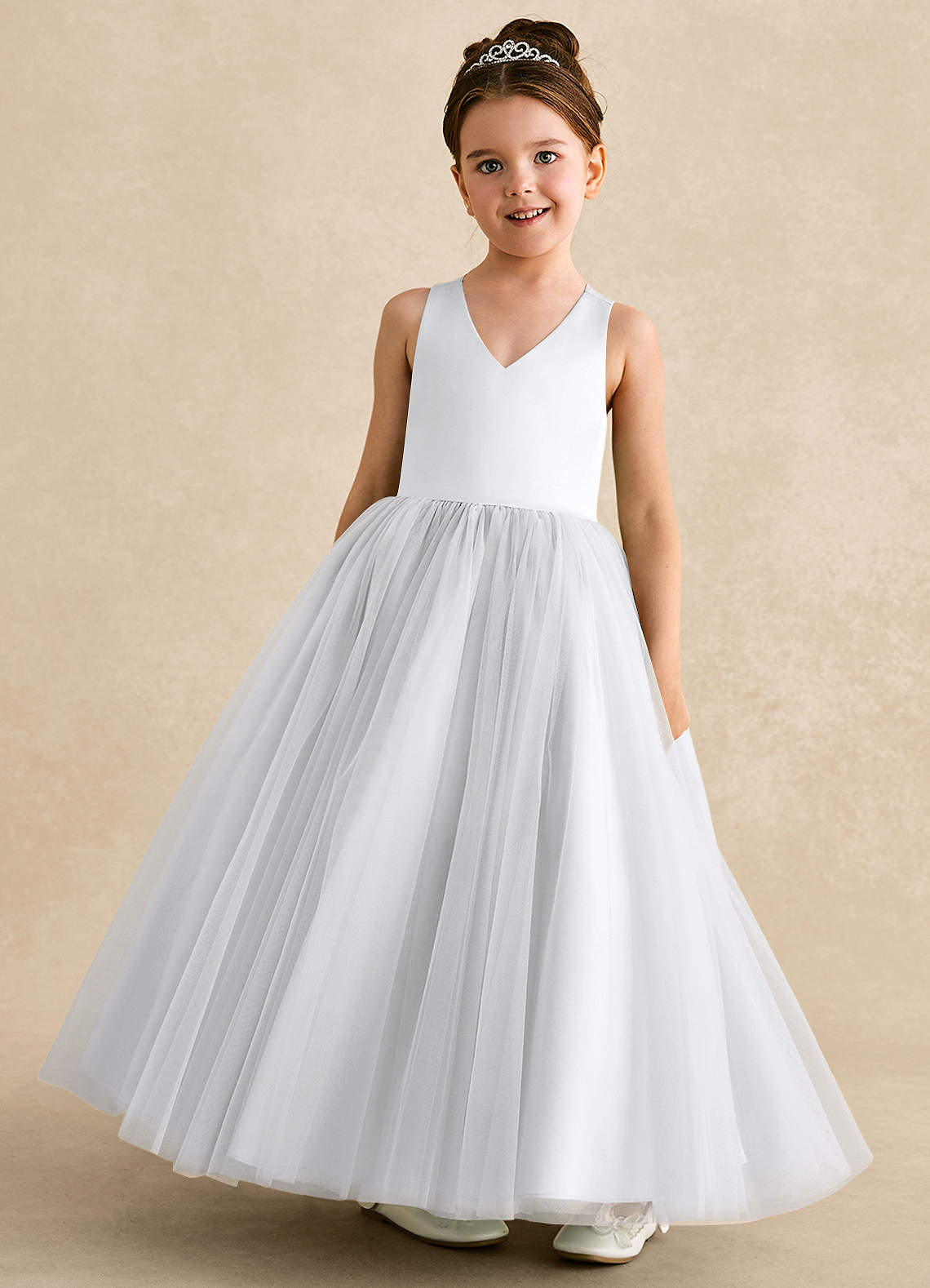 Azazie Peanut Flower Girl Dresses White A-Line Strap Tulle Dress image3