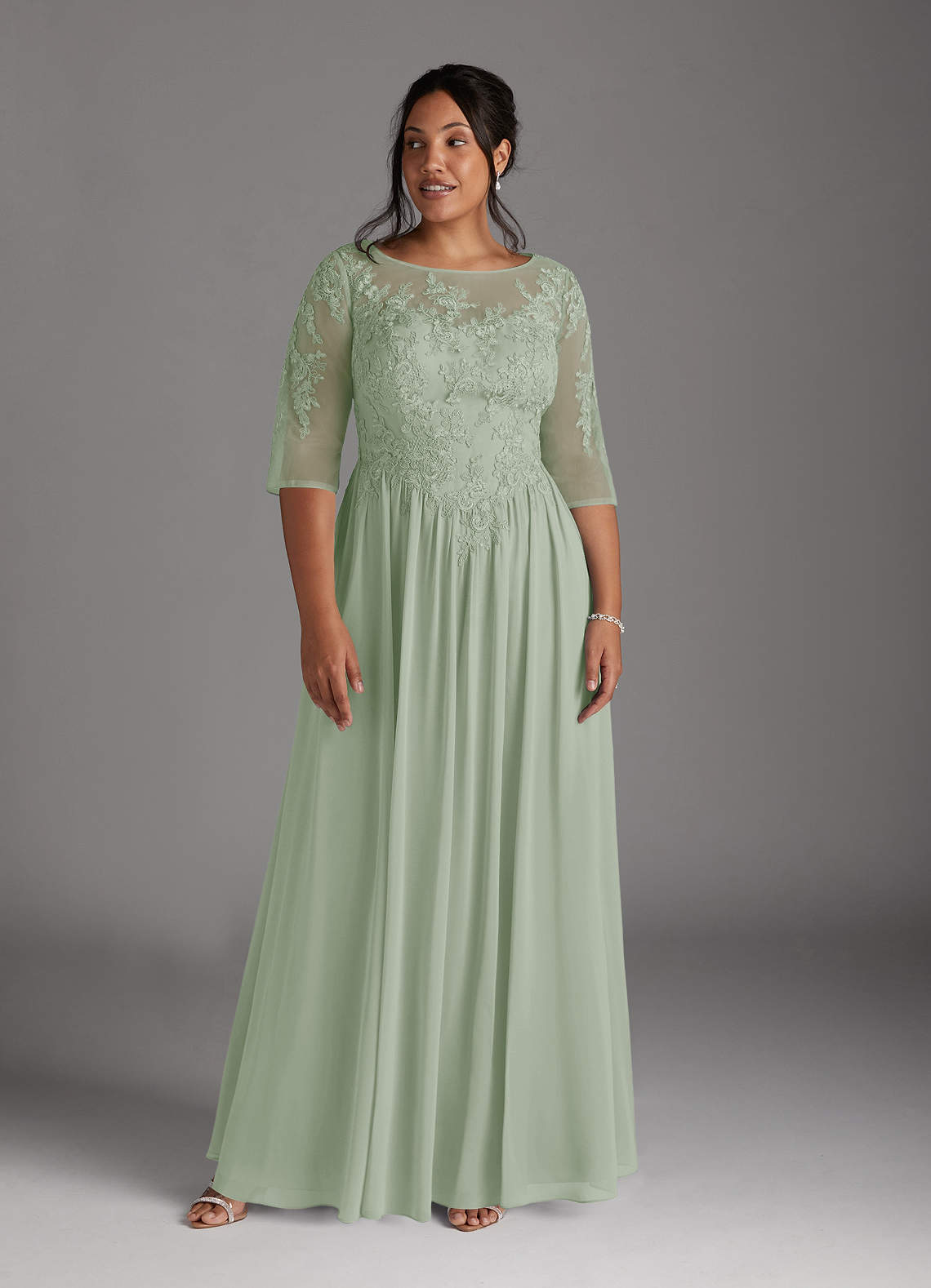 Azazie Mirielle vestidos de madre de la novia Vestido de Salvia Polvorienta de Gasa de Corte En A con Encaje Scoop image8