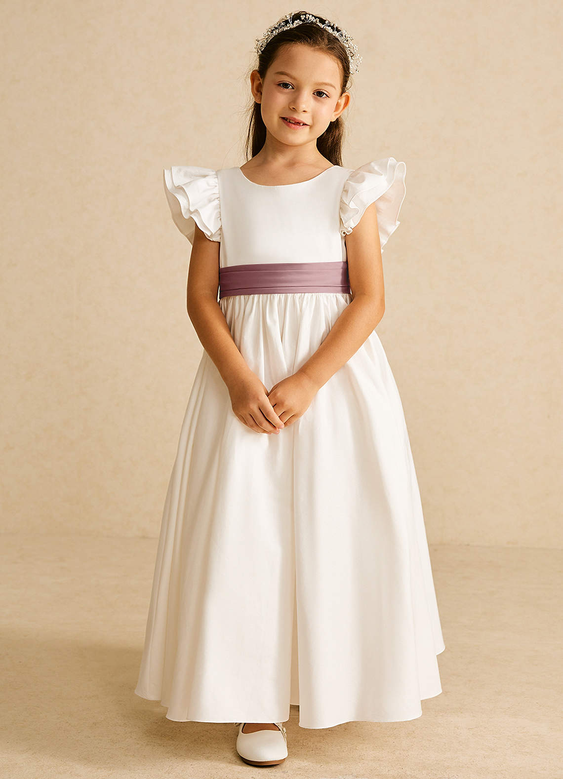 Azazie Aero Flower Girl Dresses Ivory Dusty Rose A-Line Pleated Cotton Dress image3