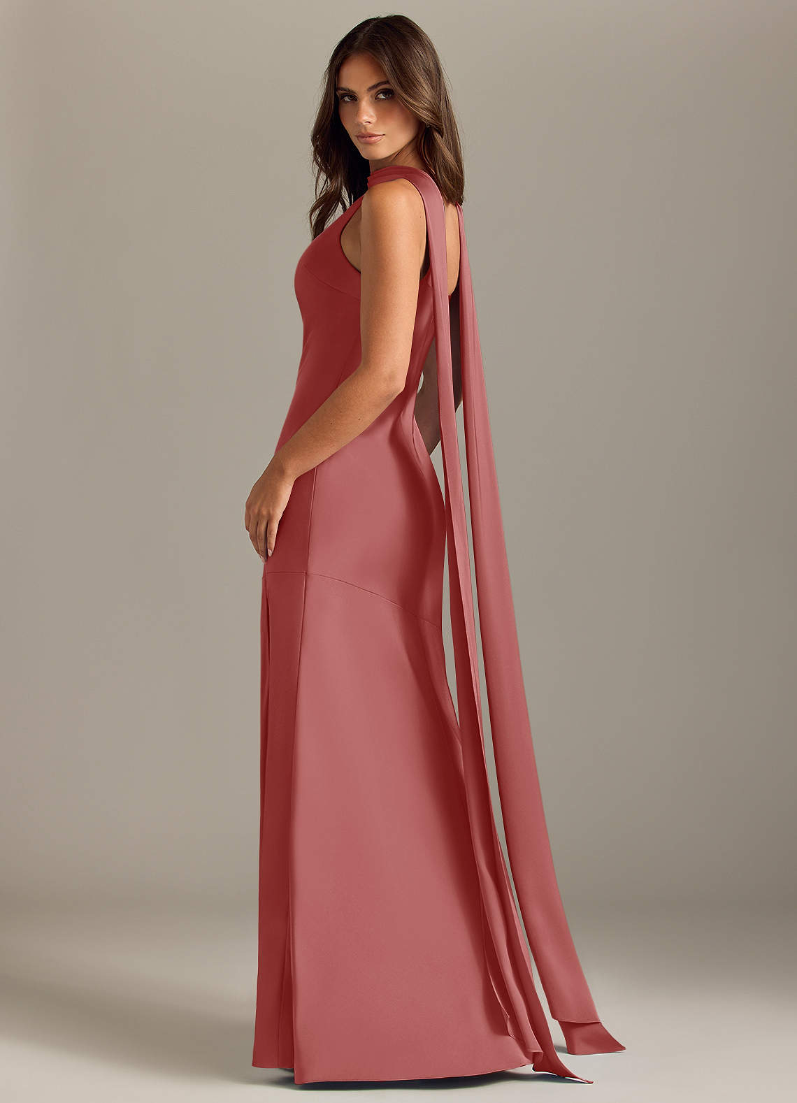 Azazie Kinsley Vestidos de madrinha de casamento Vestido Rosa Antiga de Cetim elástico de sereia com Fenda Lateral image5