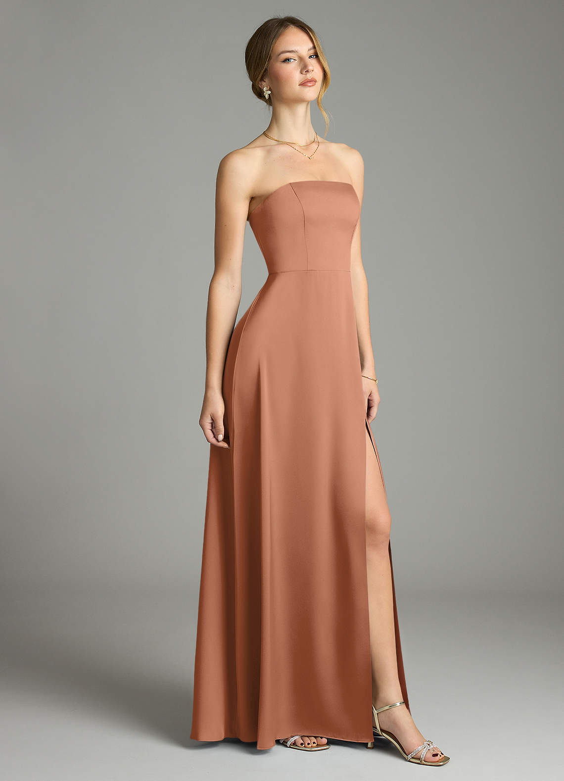 Azazie Wren Bridesmaid Dresses Bronzer A-Line Strapless Stretch Satin Convertible Dress image1