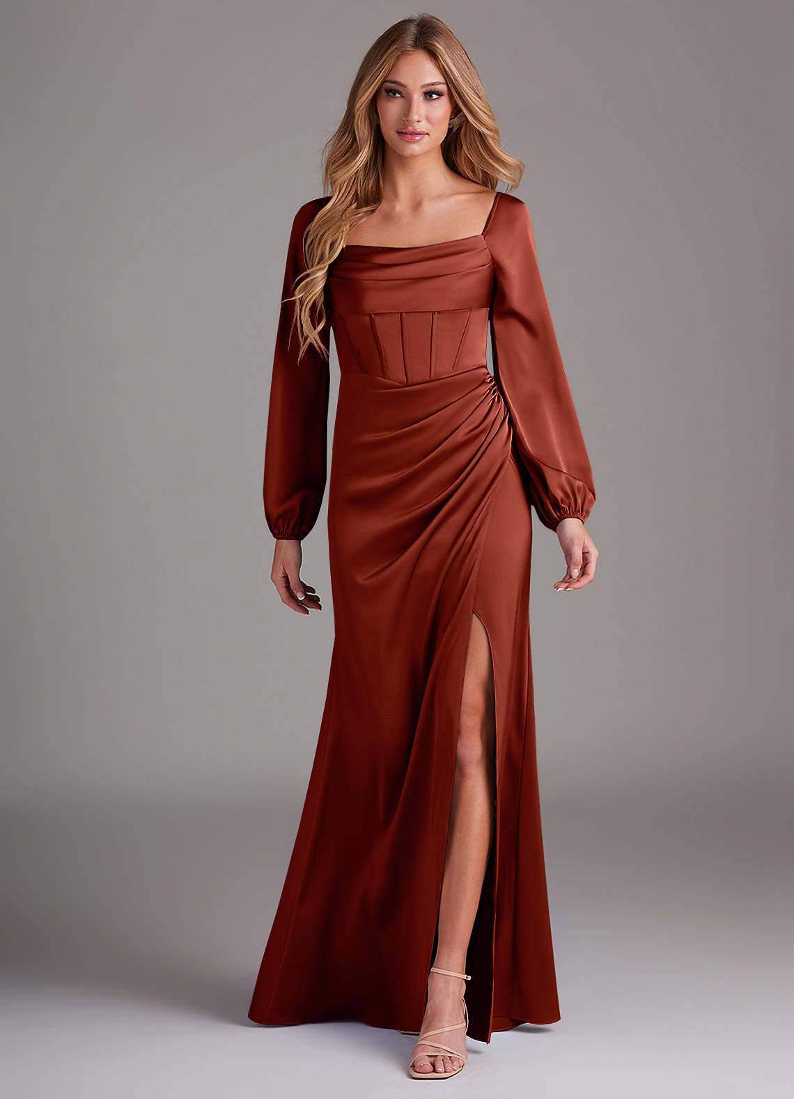 Azazie Charissa Bridesmaid Dresses Terracotta Sheath Long Sleeve Stretch Satin Dress image1
