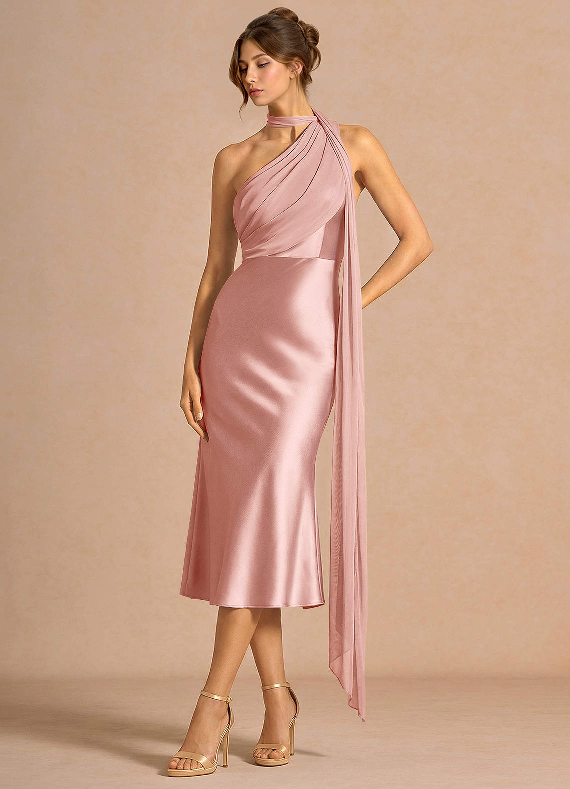knee length dresses for ladies Asymmetric One-Shoulder Midi Dress with Floral Waist Detail main image 0
