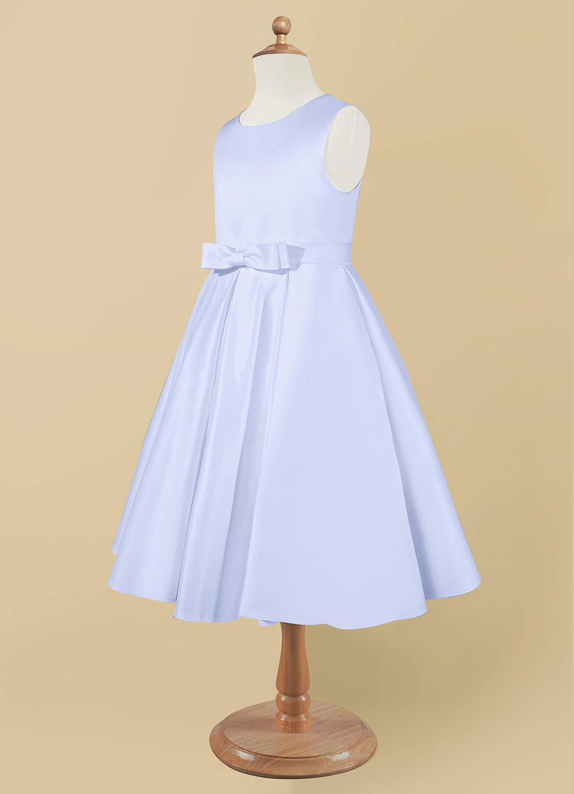 A-line Ivory Satin Knee Length Flower Girl Dress, Navy Blue Belt / Bow