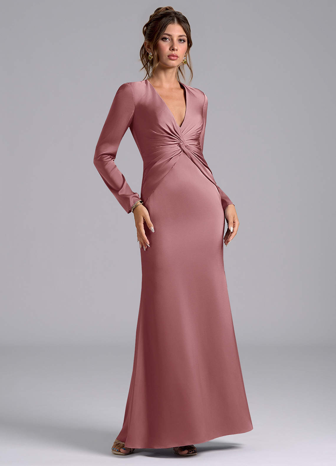 Azazie Valerie Bridesmaid Dresses Dusty Rose Mermaid Long Sleeve Stretch Satin Dress image1