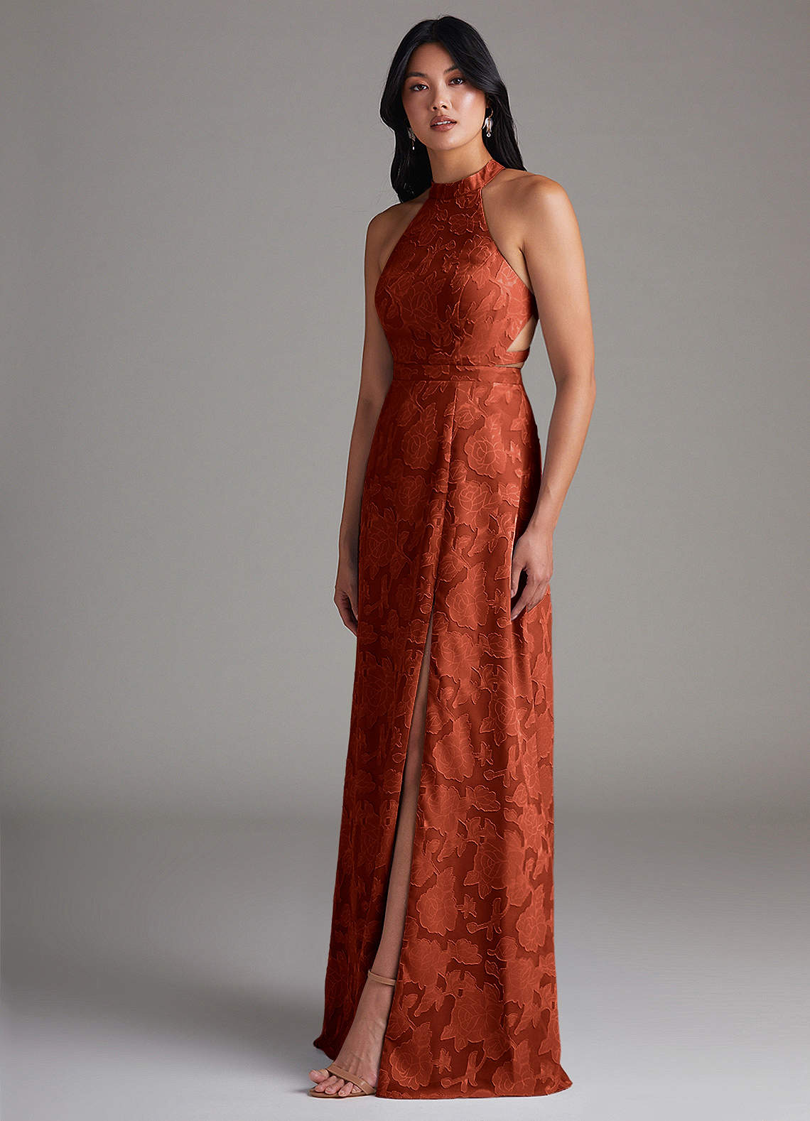 Azazie Clarice Bridesmaid Dresses Auburn A-Line Side Slit Floral Burnout Dress image2