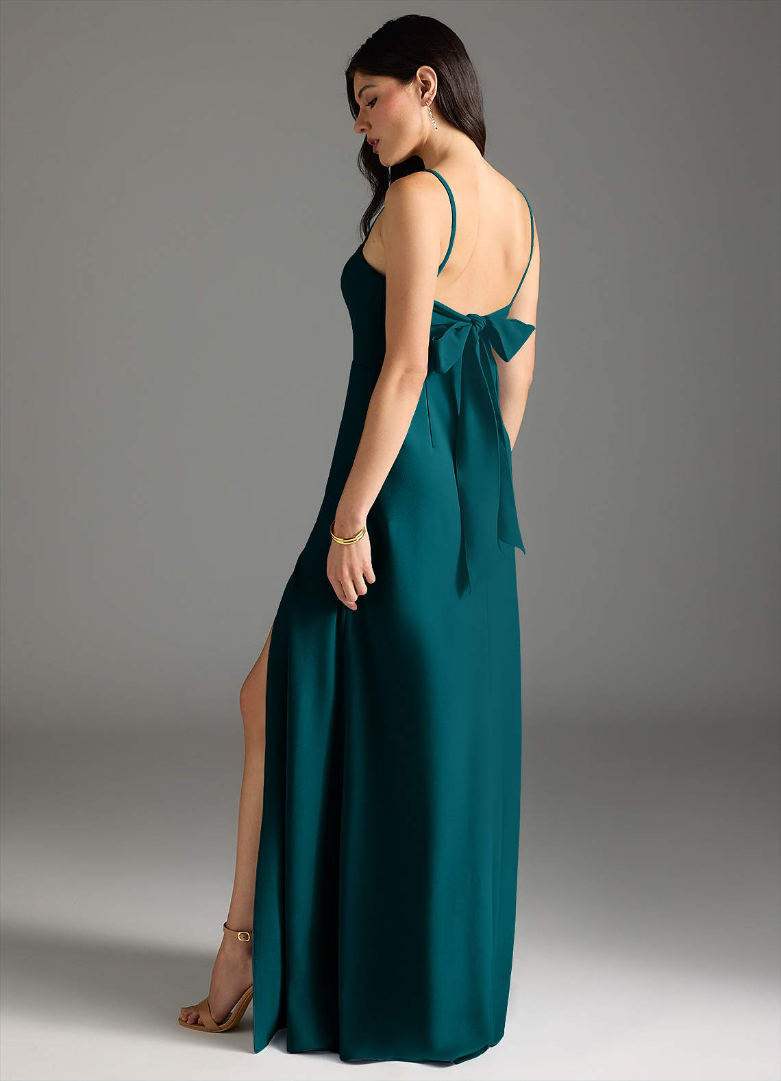 Azazie Melia Bridesmaid Dresses Peacock A-Line Bow Stretch Crepe Dress image1