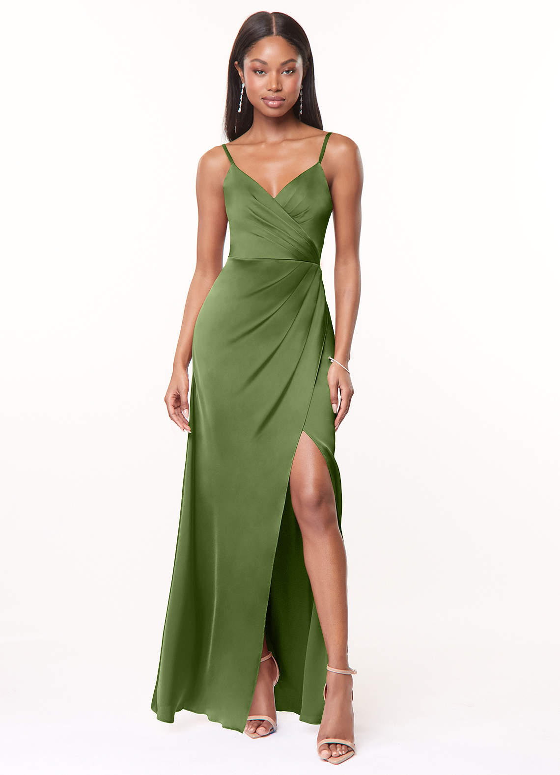 Azazie Maci Bridesmaid Dresses Juniper A-Line V-Neck Pleated Stretch Satin Dress image1