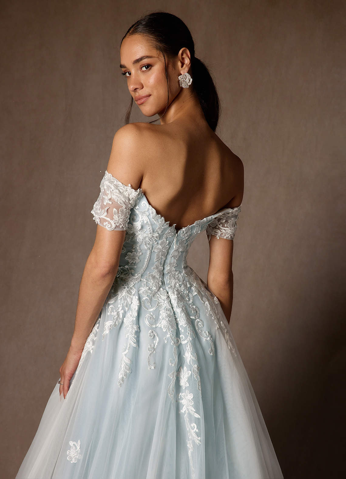 Azazie Rowe At-home Try On Dresses Cloudy Blue Ball-Gown Off the Shoulder Tulle Dress image5