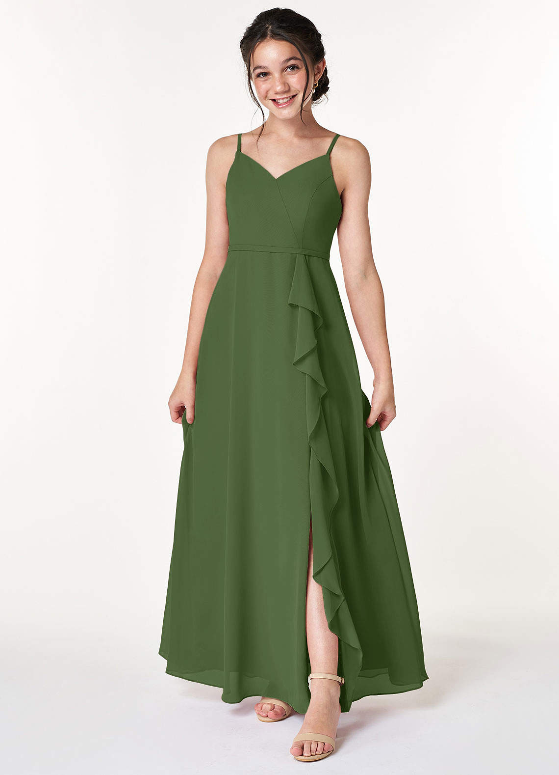 Azazie Naeem Junior A-Linie Gestreift Chiffon Kleid Olivgrün image1