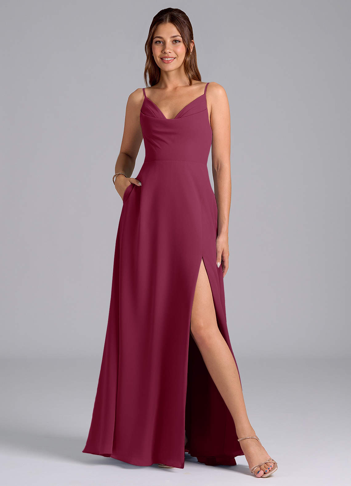 Azazie Sarella Bridesmaid Dresses Mulberry A-Line with Pockets Chiffon Dress image1