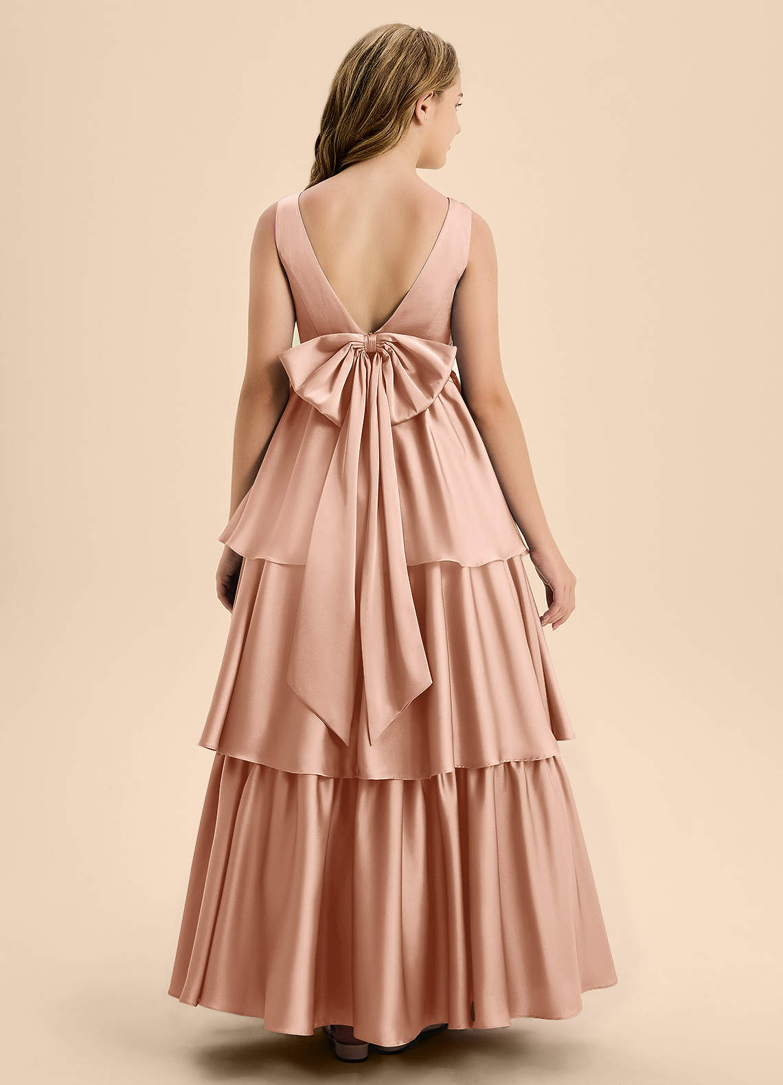 Azazie Meadowyn Junior Abito A-Line in Raso Elasticizzato Fiocco Oro Rosa image1