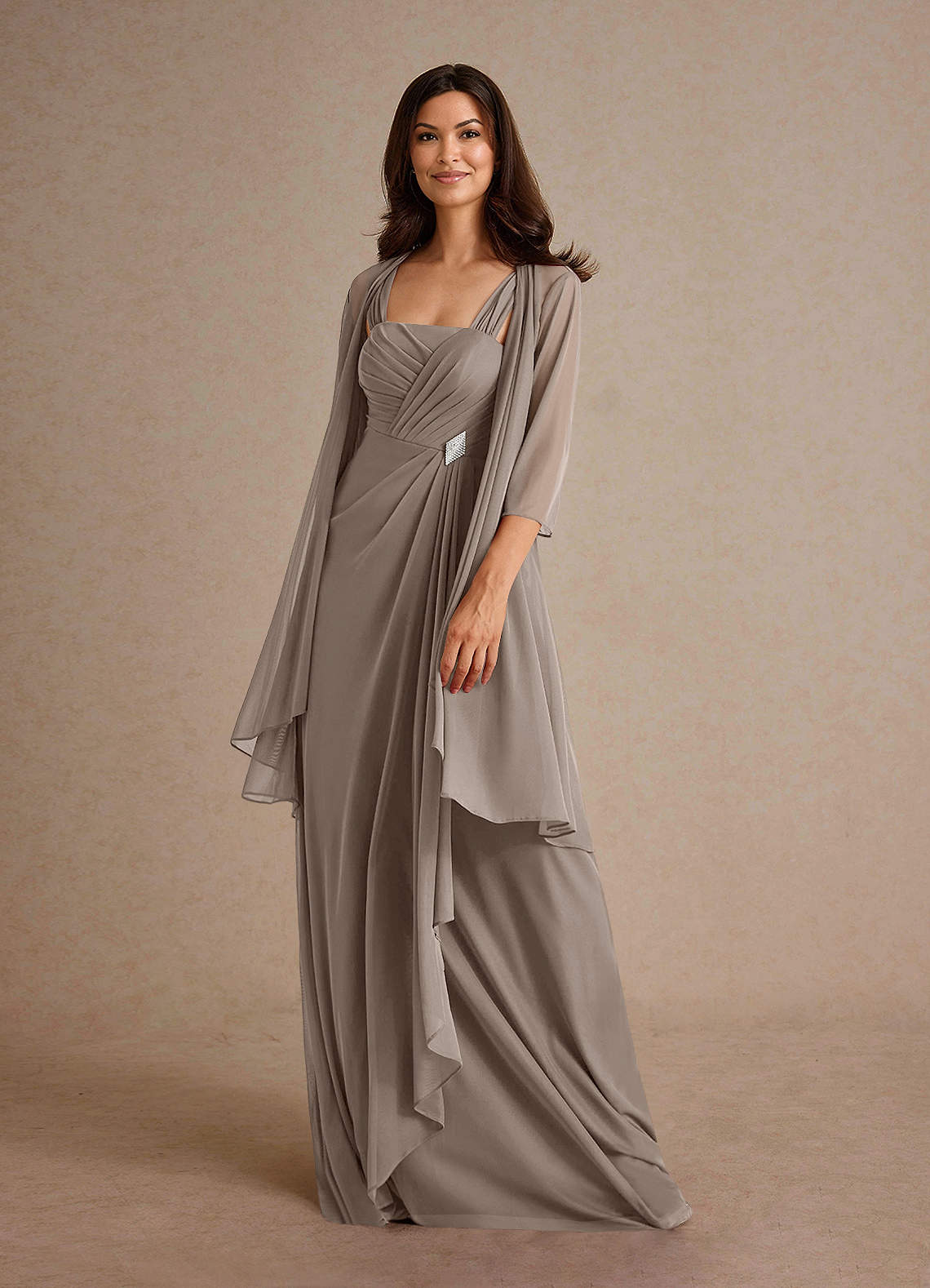 Azazie Clinton Taupe A-Line Pleated Mesh Dress Ready to Ship | Azazie
