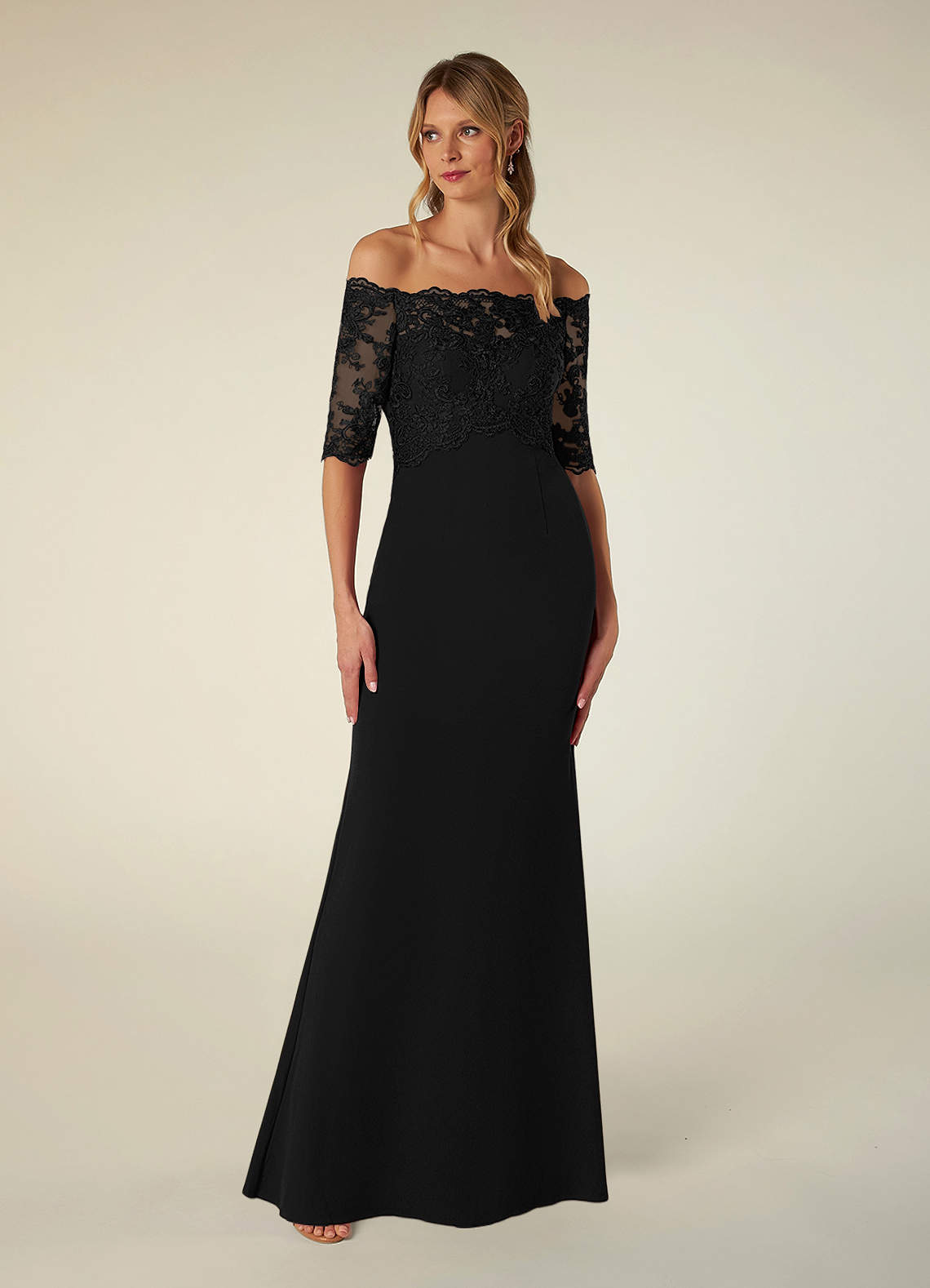 Azazie Jette Mother of the Bride Dresses Black Mermaid Off the Shoulder Lace Dress image1