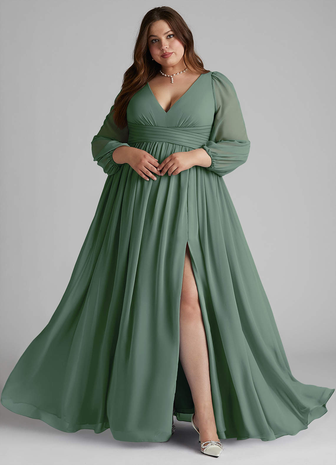 Azazie Norah Bridesmaid Dresses Eucalyptus A-Line V-Neck Long Sleeve Chiffon Dress image7