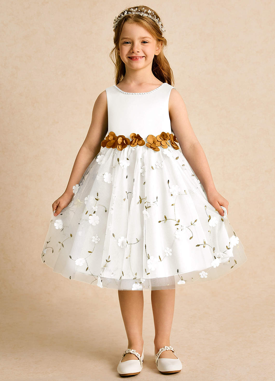Azazie Starri Flower Girl Dresses Ivory Butterscotch Ball-Gown Beaded Matte Satin Dress image1