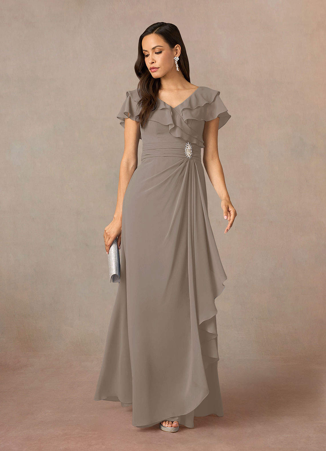 Azazie Snapdragon Taupe A-Line V-Neck Ruched Chiffon Dress | Azazie