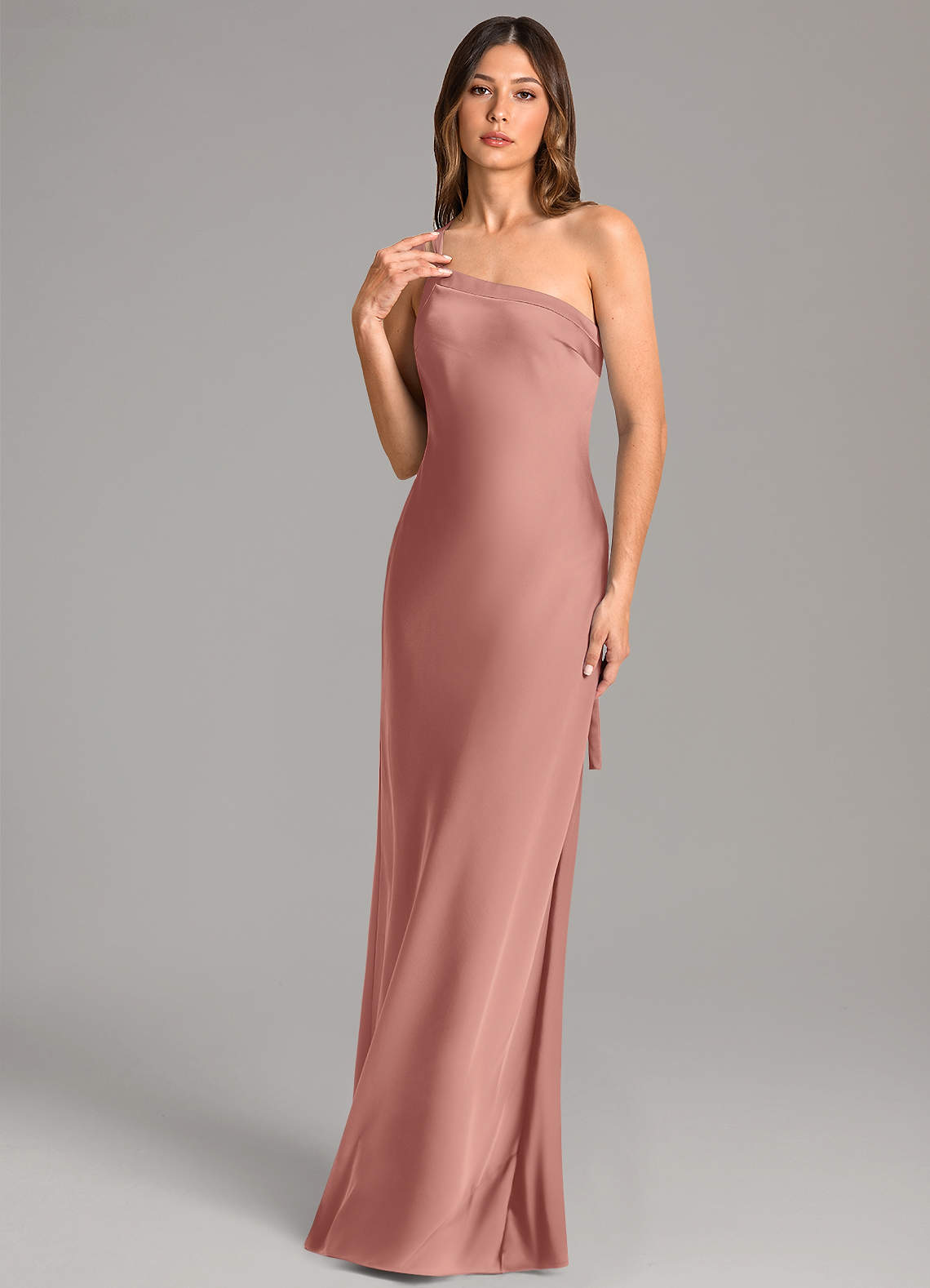 Azazie Monroe Robes de demoiselle d'honneur Robe Sirène en Satin extensible Ue épaule Rosette image1
