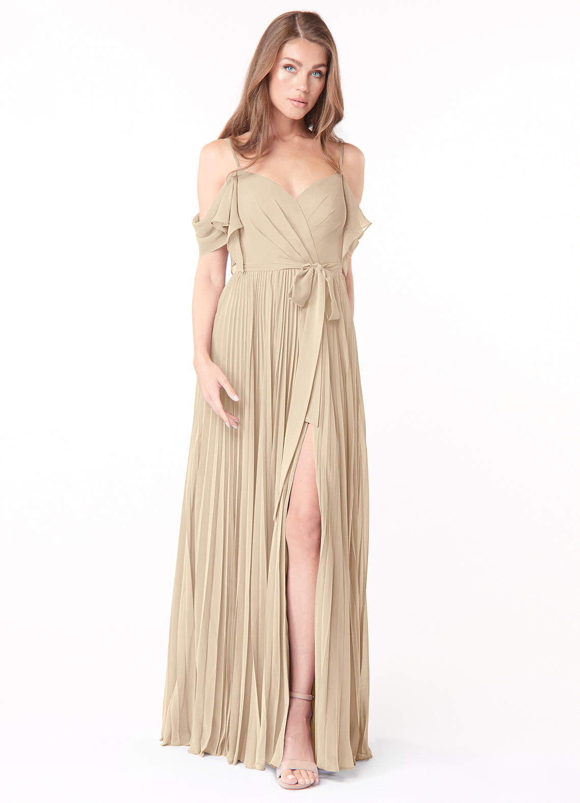 Azazie Lyney Bridesmaid Dresses Champagne A-Line Off the Shoulder Chiffon Dress image1