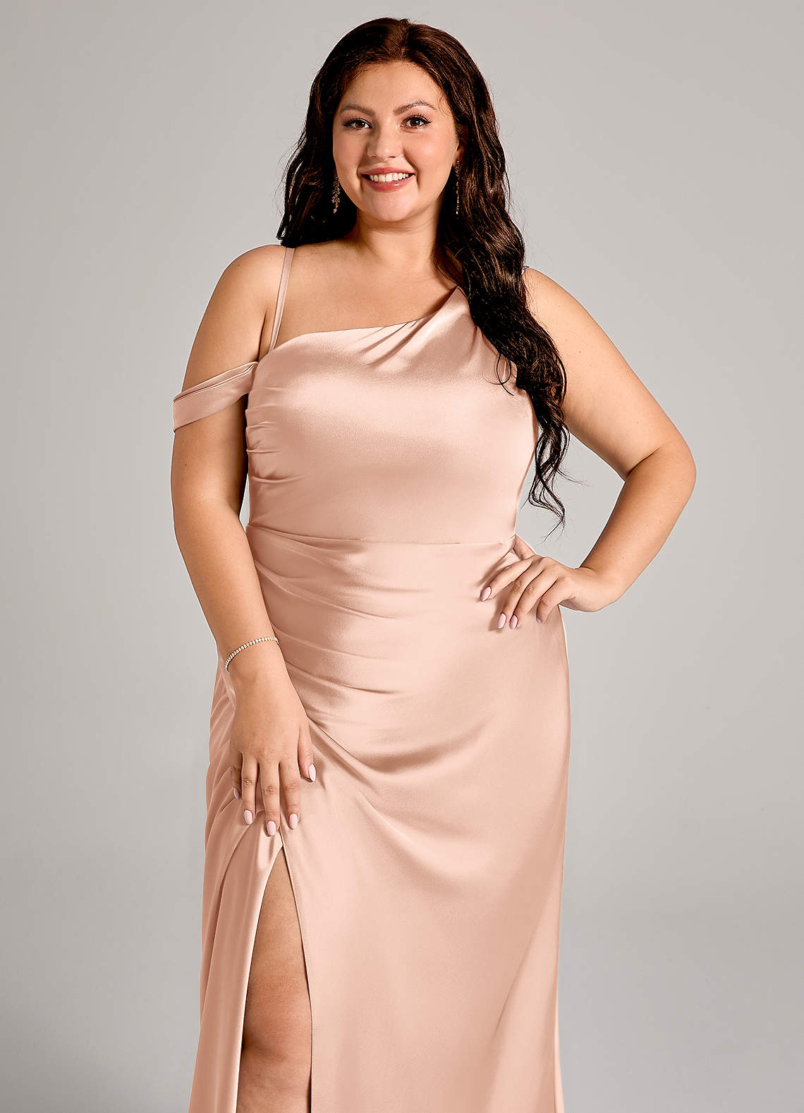Azazie Mermaid One-Shoulder Floor-Length Stretch Satin Bridesmaid Dresses - Rose Gold