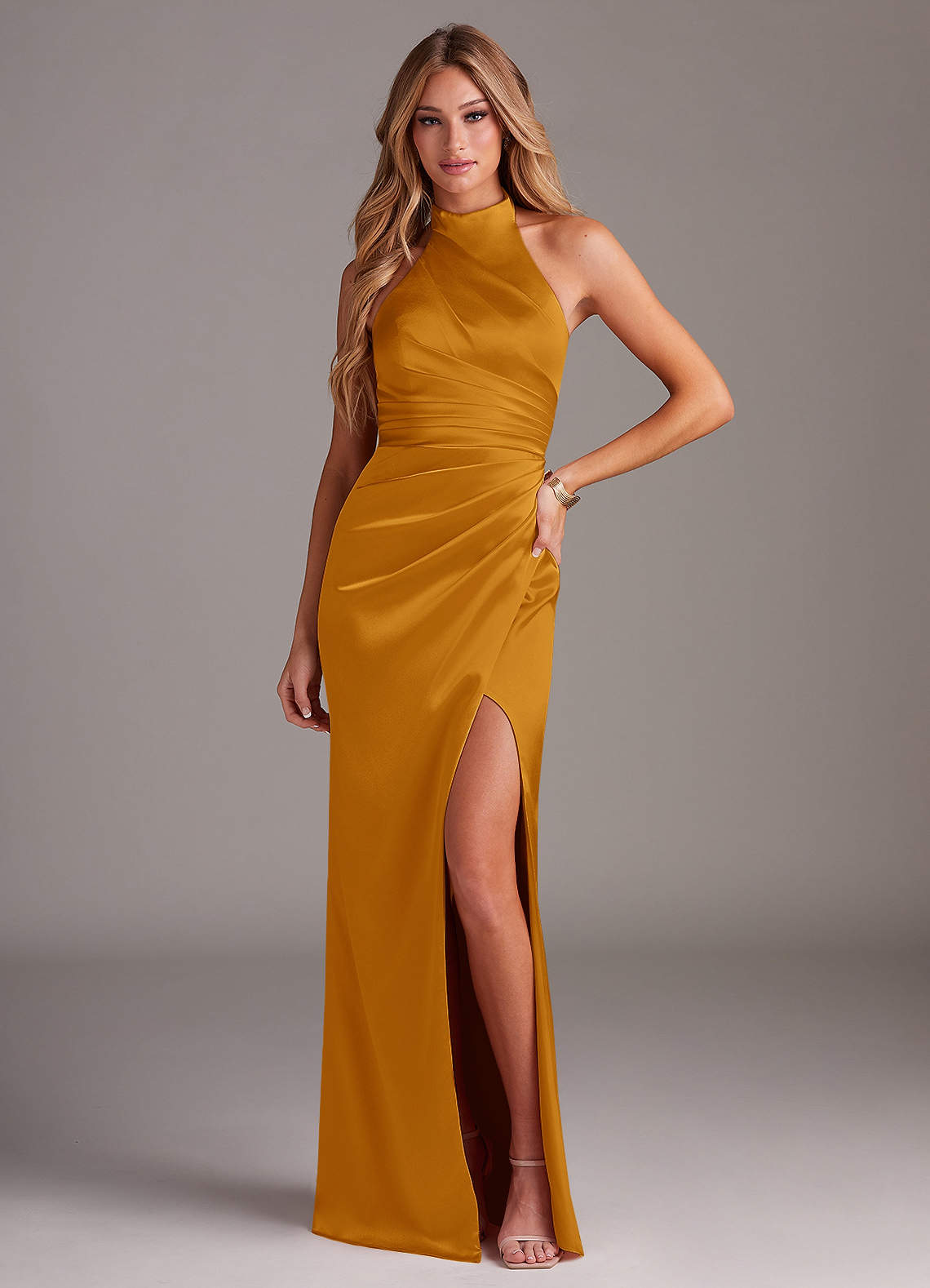 Azazie Jemma Bridesmaid Dresses Butterscotch Sheath Pleated Stretch Satin Dress image1