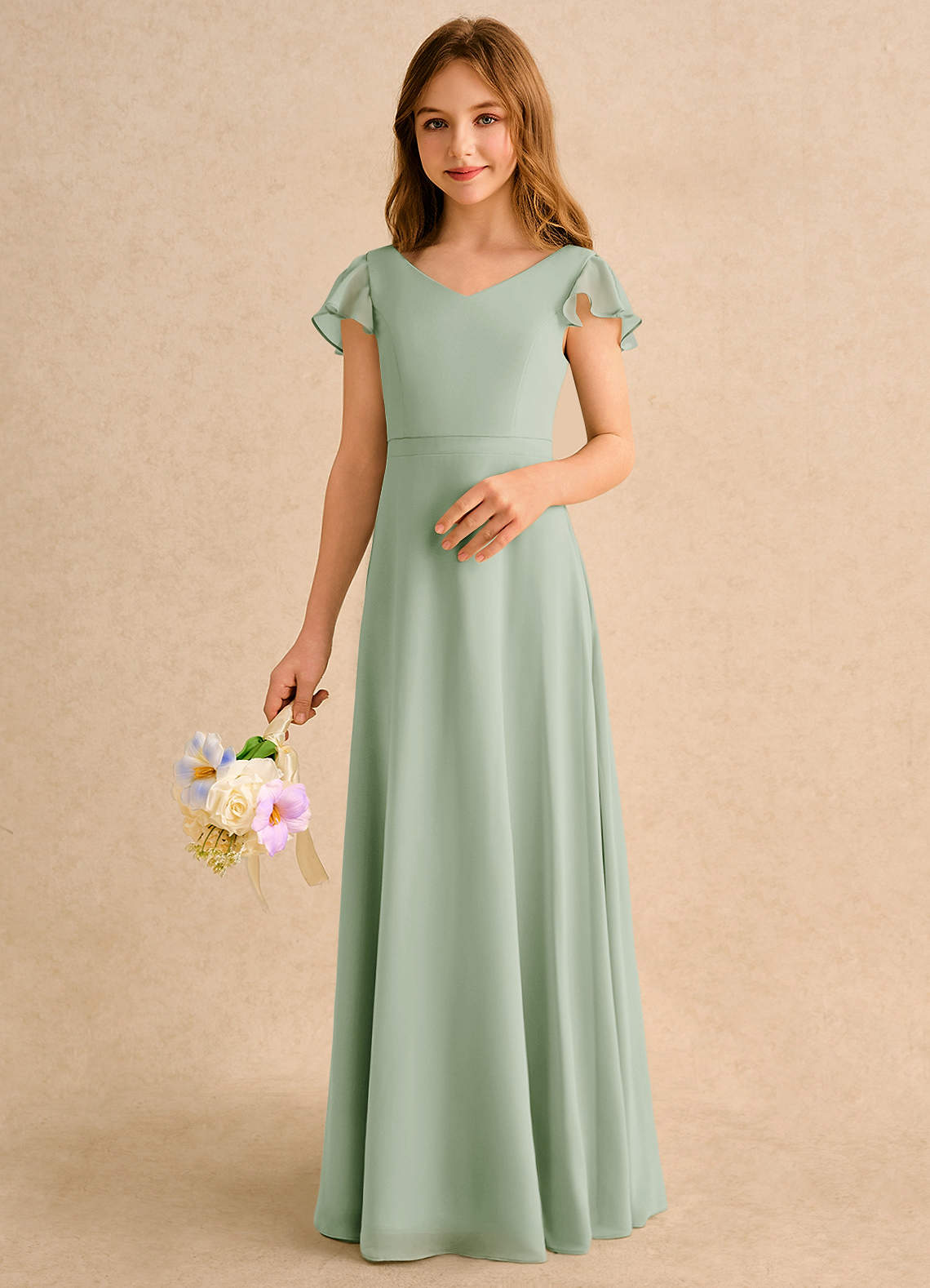 Azazie Nari Girls Formal Vestidos de florista Vestido Dusty Sage de Chiffon de Linha A com com Mangas image3