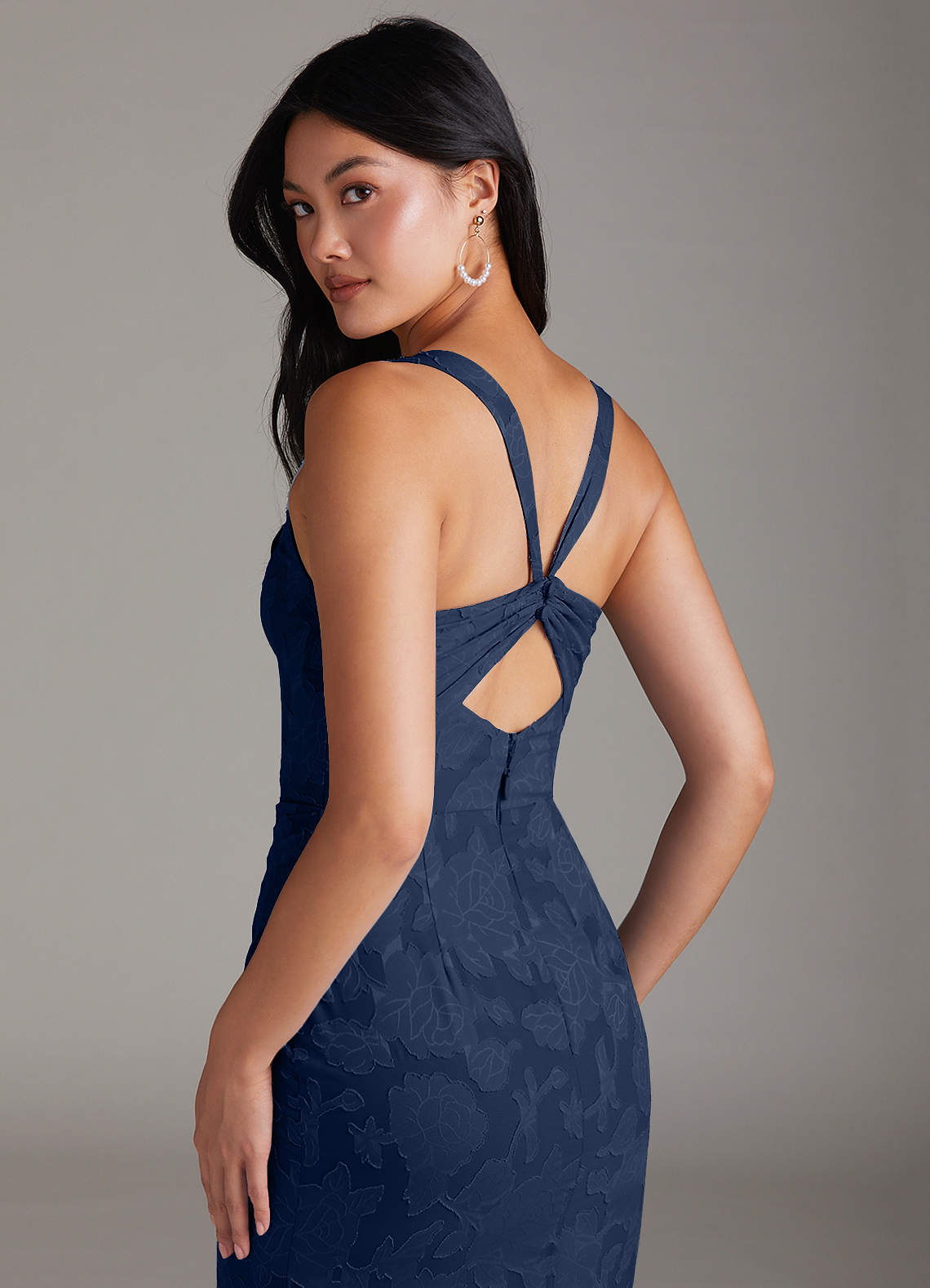 Azazie Mero Bridesmaid Dresses Dark Navy Sheath Pleated Floral Burnout Dress image4