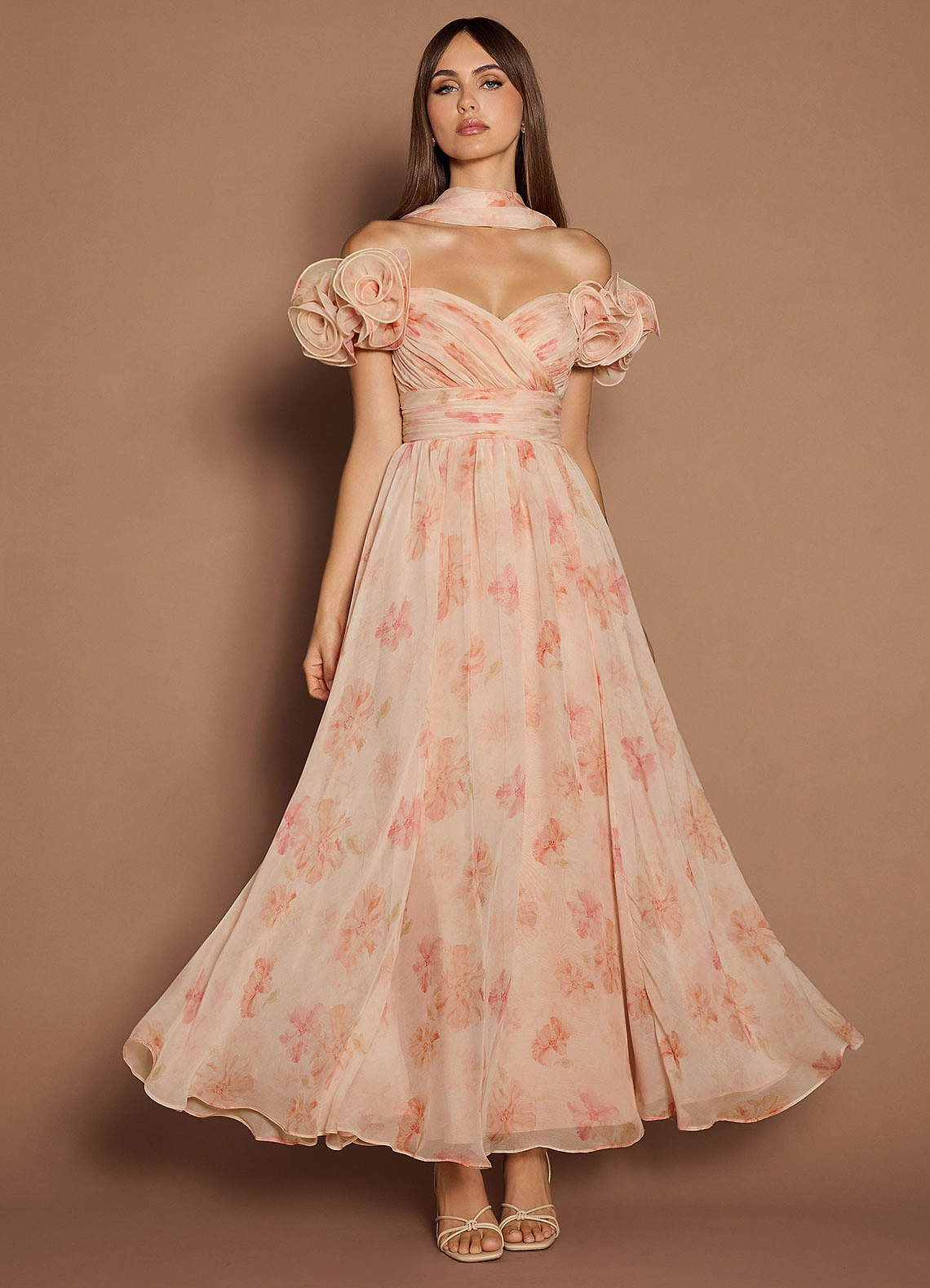 peach formal dress for women Silver Off-Shoulder Long Sequin Formal Dress -PromGirl main image 1