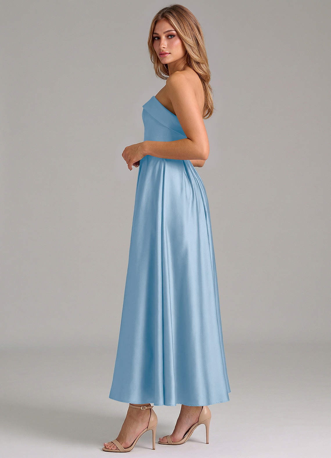 Azazie Lucienne Brudepigekjoler En streg Plisseret Stræk satin Ankel-længde Kjole image2