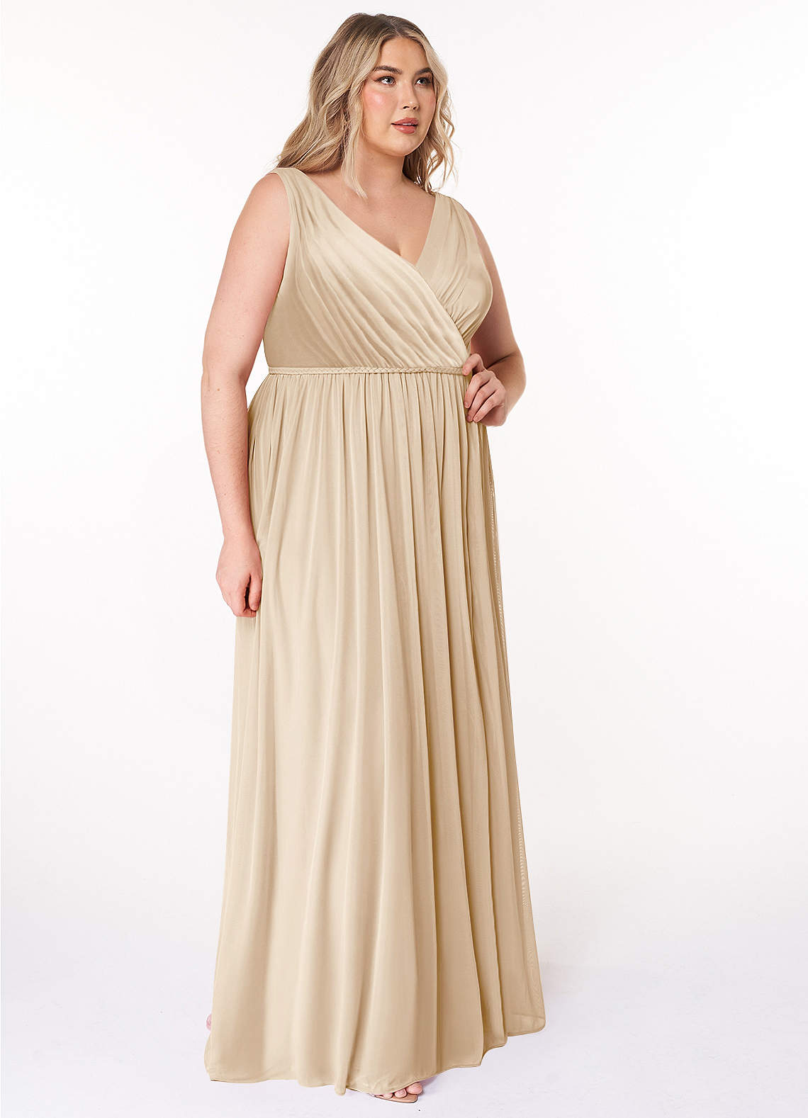 Azazie Tanicia Robes de demoiselle d'honneur Robe Trapèze en Maille Col V plissé Champagne image7