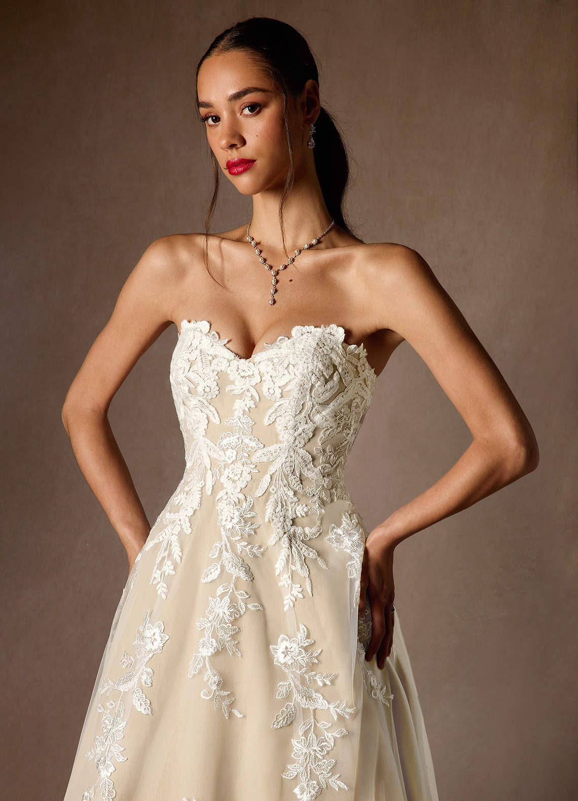Azazie Madeleine At-home Try On Dresses Diamond White Champagne Ball-Gown Strapless Lace Dress image9