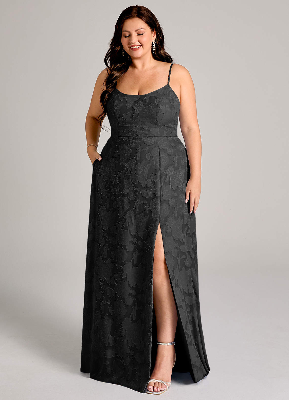 Azazie Moira Bridesmaid Dresses Black A-Line Side Slit Floral Burnout Dress image9