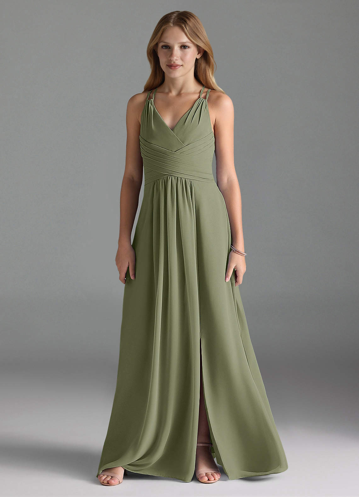 Azazie Farren Junior Agave A-Line Pleated Chiffon Dress image1