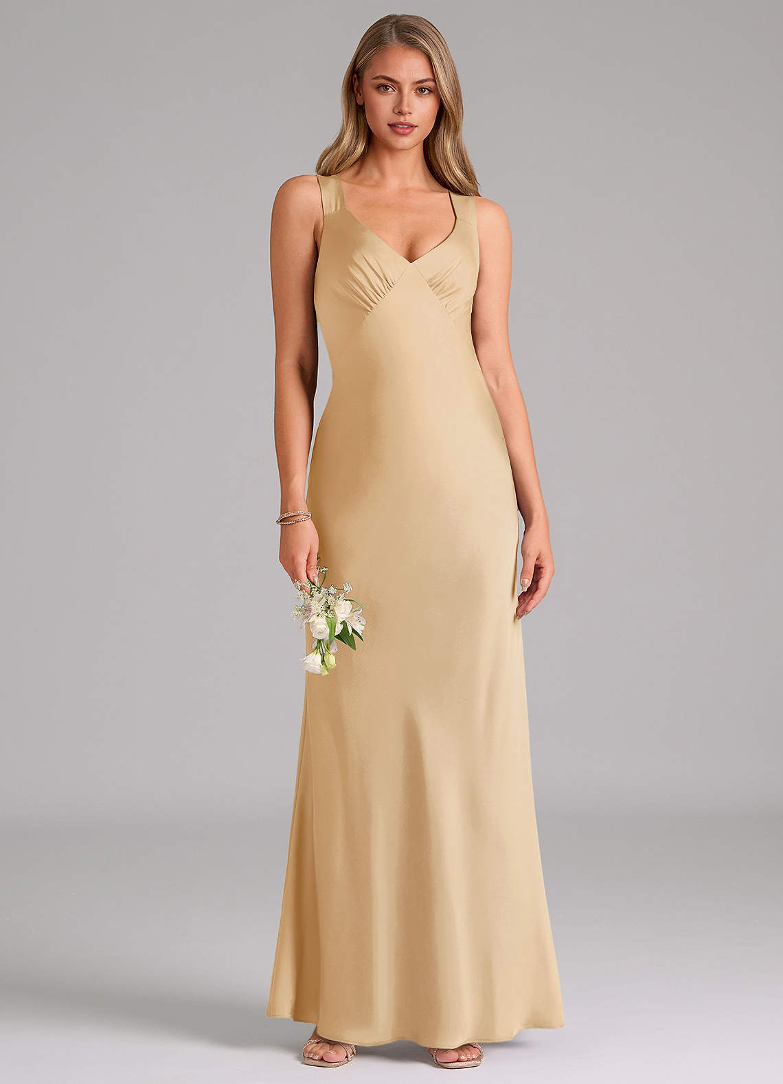 Azazie Kamila Brautjungfernkleider A-Linie Plissee Stretch-Satin Kleid Gold image1