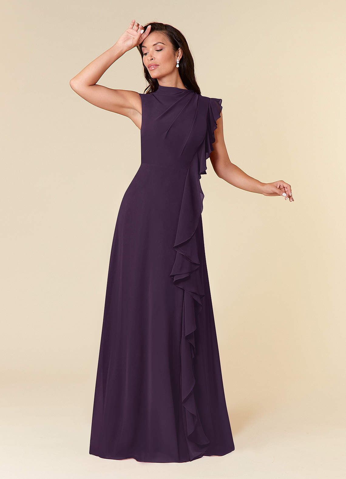 Azazie Narine Mother of the Bride Dresses Plum A-Line High Neckline Pleated Chiffon Dress image1