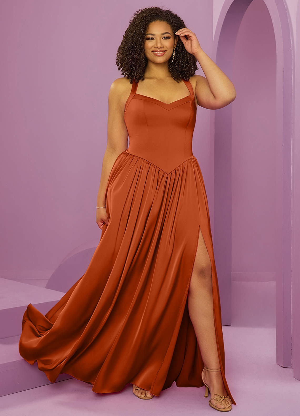 Barbie ♥ Azazie Bridesmaid Dresses Burnt Orange A-Line with Pockets Stretch Satin Dress image1
