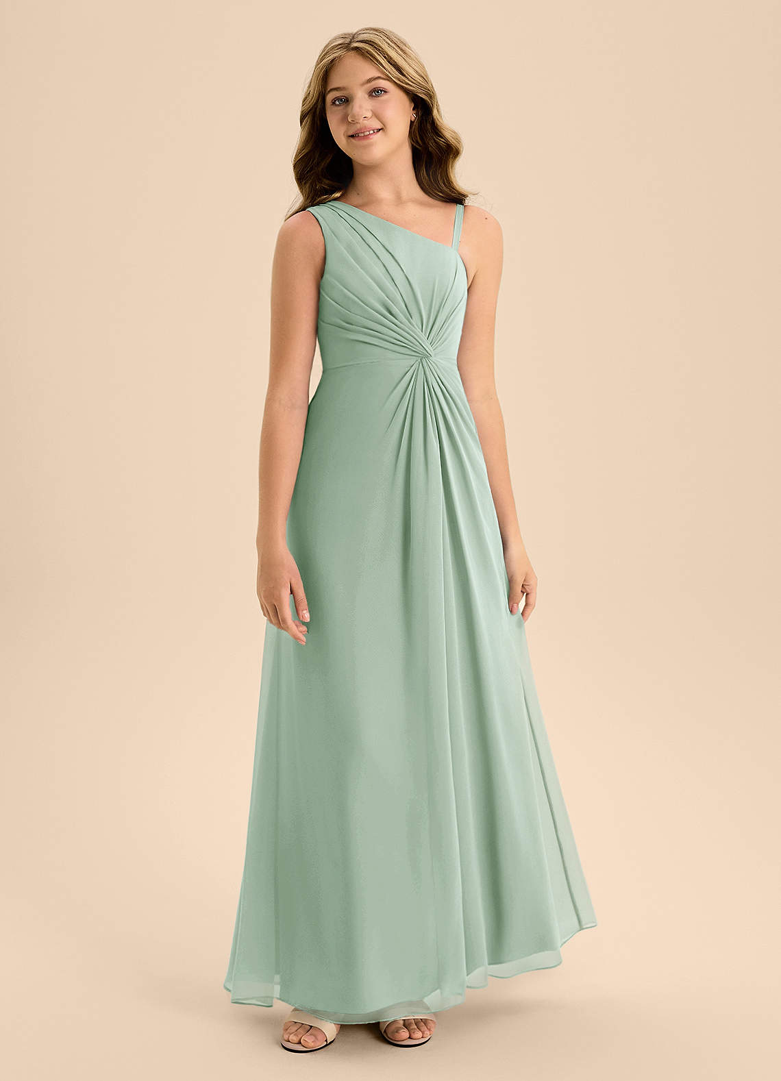 Azazie Brooke Junior Abito A-Line in Chiffon Spacco Laterale Agave image4