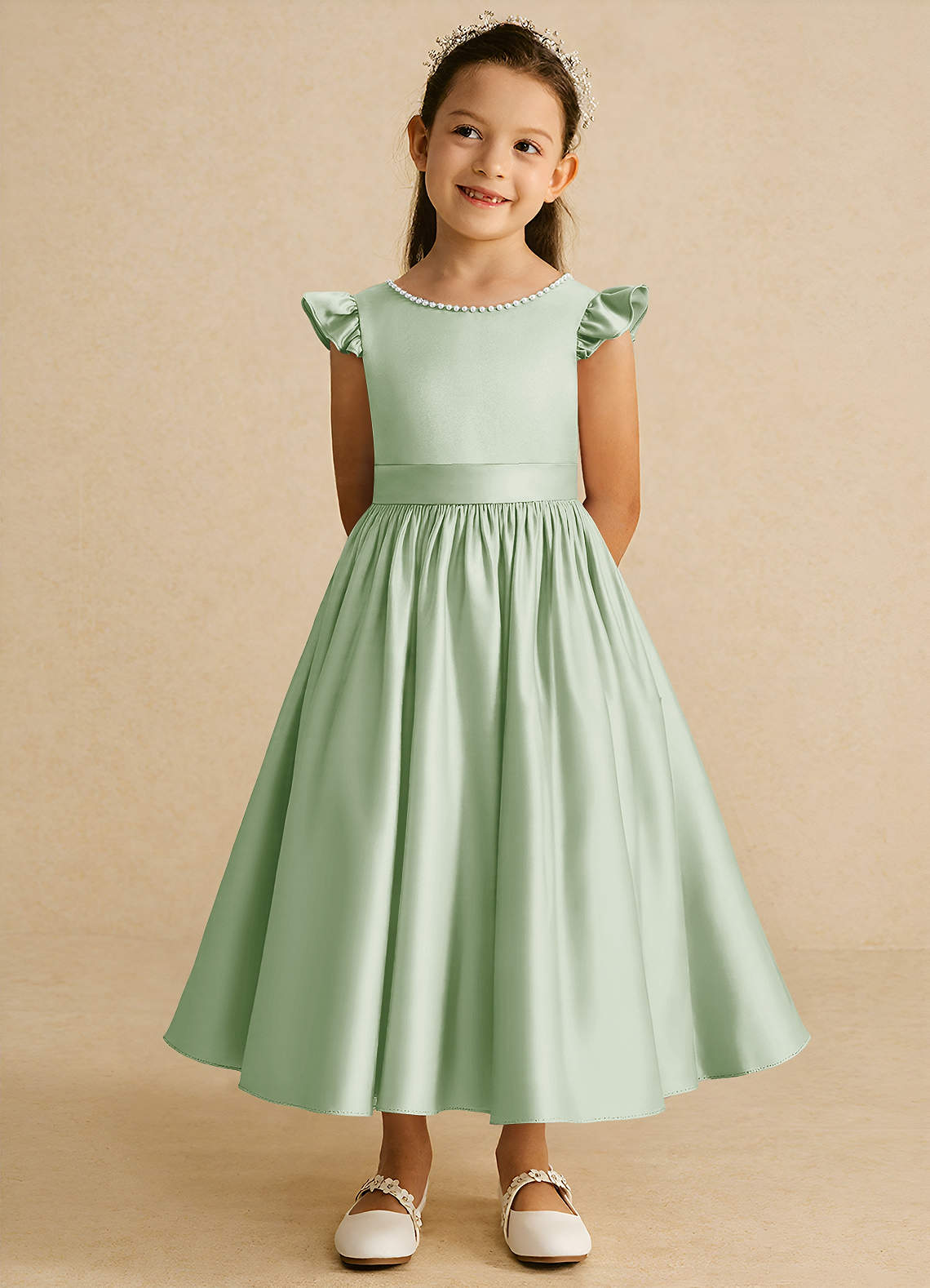 Azazie Dumpling Flower Girl Dresses Dusty Sage A-Line Bow Matte Satin Dress image1