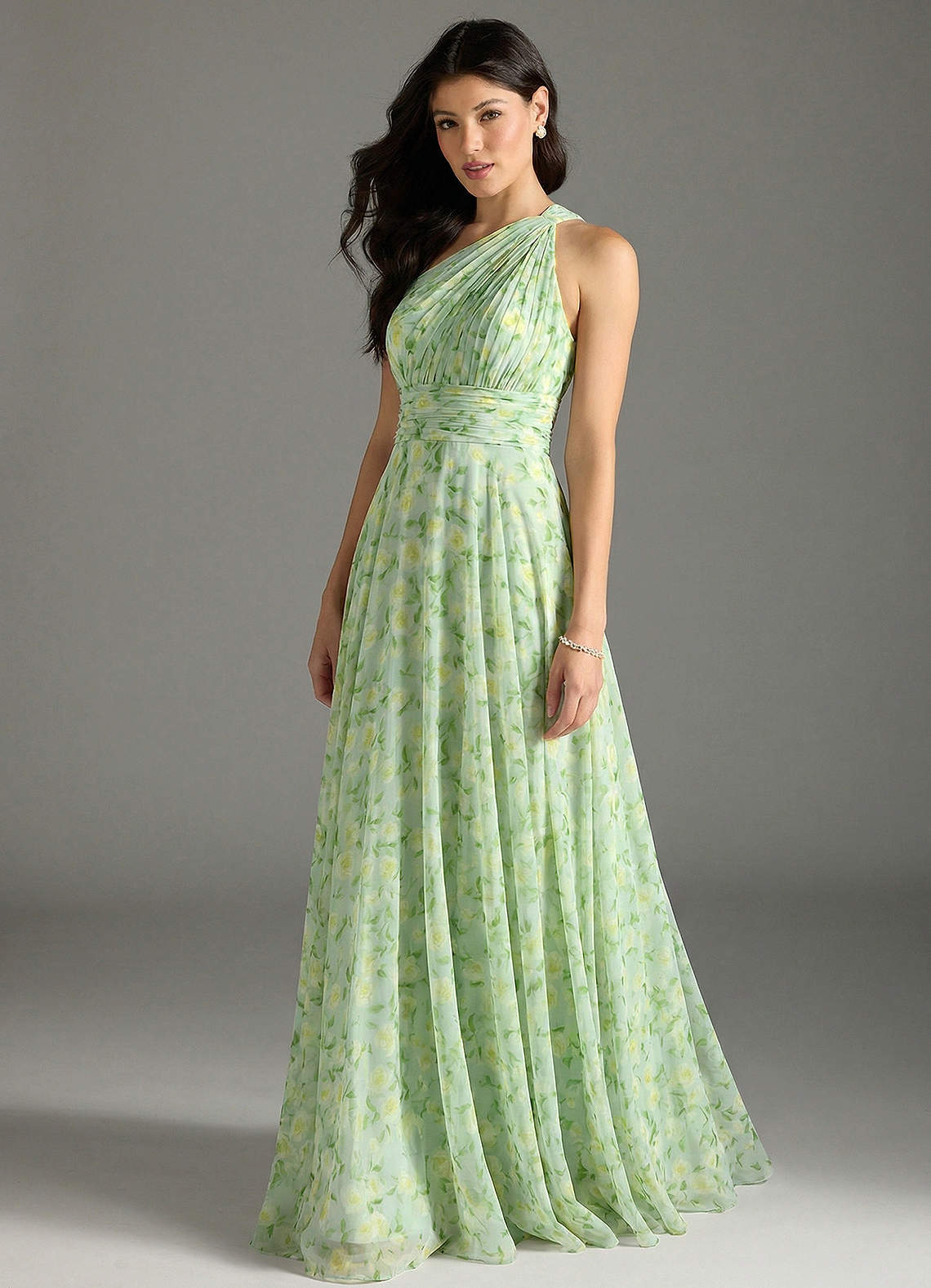 sage floral dress bridesmaid Bow One-Shoulder Full A-Line Floral Satin Maxi Dress