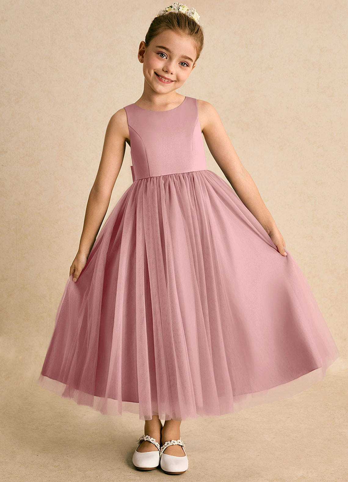 Azazie Solia Flower Girl Dresses Dusty Rose Ball-Gown Bow Tulle Dress image4